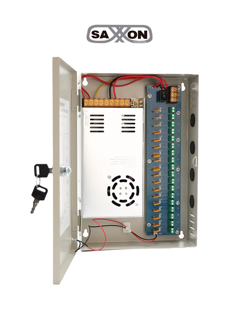 SAXXON SX30A18CH - Fuente de Poder Profesional 12 VCD / 30 Amperes / 18 Canales / 1.6 Amperes por Canal / Protección contra Sobrecargas / Led Indicador de Funcionamiento / Con Switch 110/220V SAXXON SX30A18CH - Fuente de Poder Profesional 12 VCD / 30 Amperes / 18 Canales / 1.6 Amperes por Canal / Protección contra Sobrecargas / Led Indicador de Funcionamiento / Con Switch 110/220V